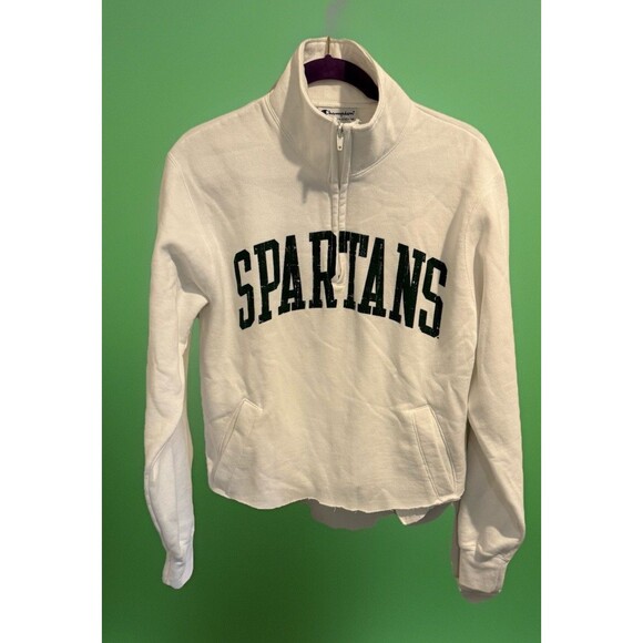 Champion Wmn WHITE Sweatshirt MICHIGAN STATE SPARTANS CROP Cutoff Bottom QTR ZIP - Picture 1 of 12